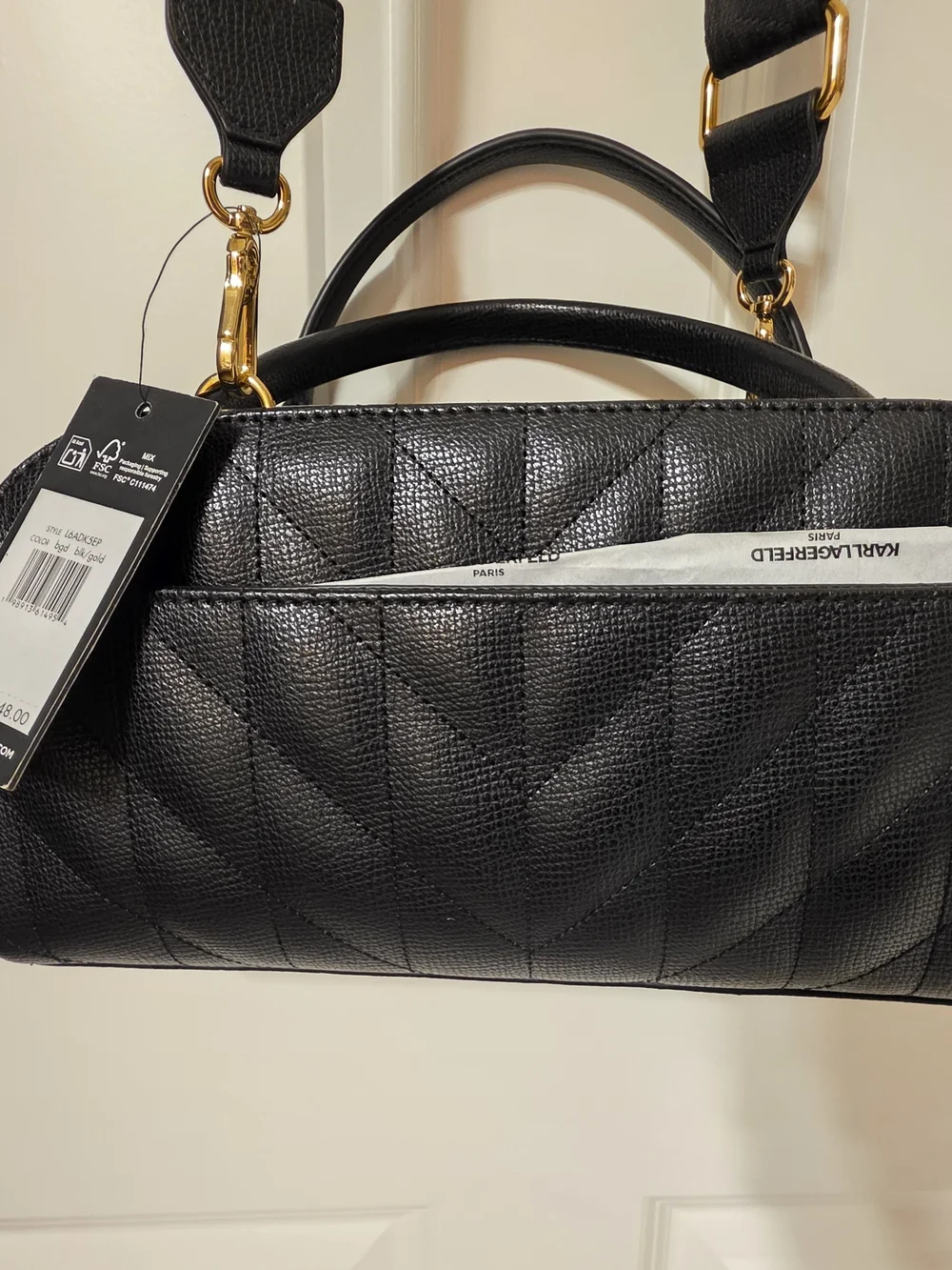 Karl Lagerfeld NWT Black Quilted Satchel with Pink & Gold Accents Retail$248